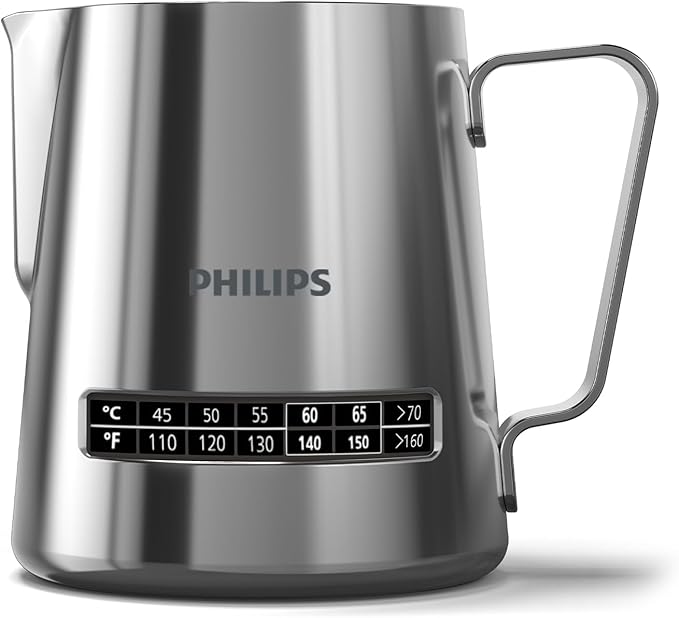 Philips Temperature Perfection Milk Jug - Integrated Temperature Indicator, Smooth Microfoam, Stainless Steel, 450ml Capacity, Perfect for Latte Art, Espresso Accessory (CA8012/10)