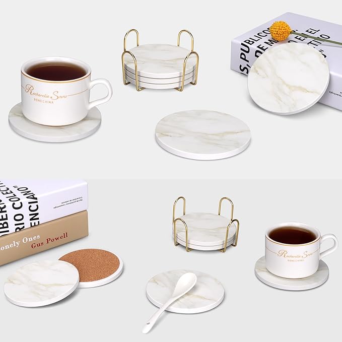 White Marble Style Ceramic Coasters Set of 6 with Holder Modern Coffee Table Decor Drink Coaster Gifts Absorbent Stone Coasters for Rustic Farmhouse Bar