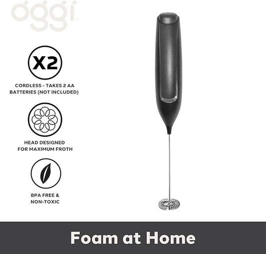 Oggi Handheld Milk Frother, Electric Frother Wand with Stainless Steel Whisk, Mini Whisk for Coffee, Matcha, Latte, Protein, Eggs & More, Battery Operated Compact Frother for Kitchen or Travel, Black