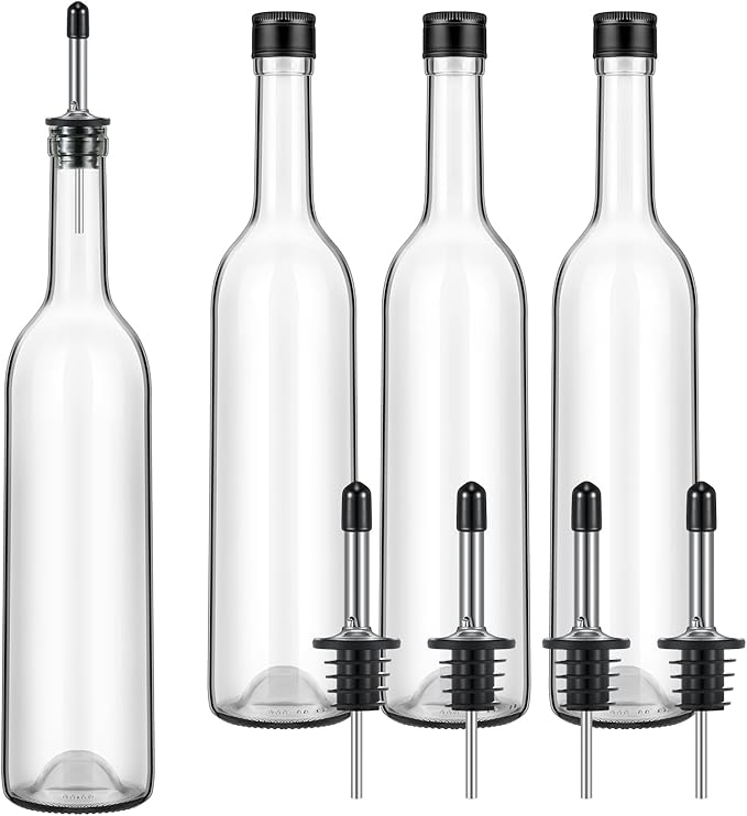Maxdot 4 Pcs Long Neck Bottle with Pourer 750ml Glass Liquor Bottle juice Pour Bottles Syrup Bottles Glass for Home Wine Liquor Juice Making Wedding Anniversary Party (Stainless)