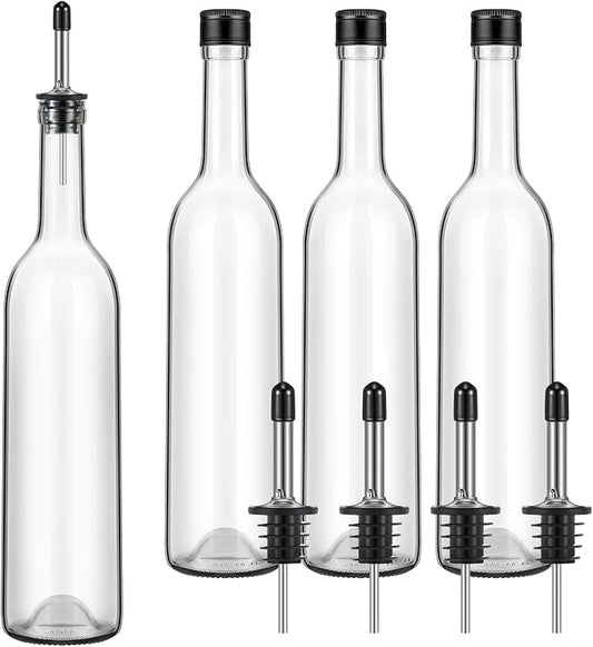 Maxdot 4 Pcs Long Neck Bottle with Pourer 750ml Glass Liquor Bottle juice Pour Bottles Syrup Bottles Glass for Home Wine Liquor Juice Making Wedding Anniversary Party (Stainless)