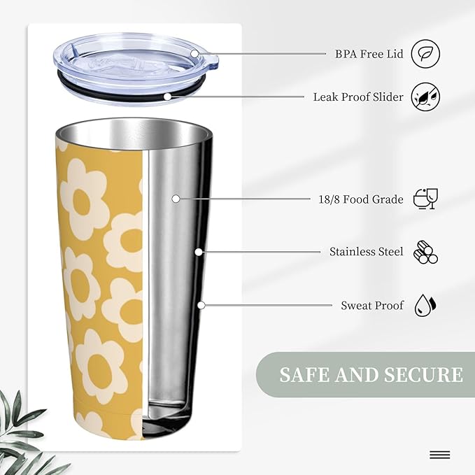 Vintage Groovy Flowers 20oz Stainless Steel Insulated Tumblers Travel Mug Cup Leakproof Gift For Men Women Hot & Cold Drinks Splash-Proof Lid Metal Straw and Brush