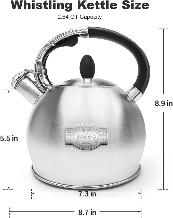 Stainless Steel Tea Kettle, Tea Kettles Stovetop, Vintage Whistling Teapot for Stove, Durable and Rust-Resistant, with a Pot Holder Included, Whistling Tea Kettle 2.64 Quart (Brushed)