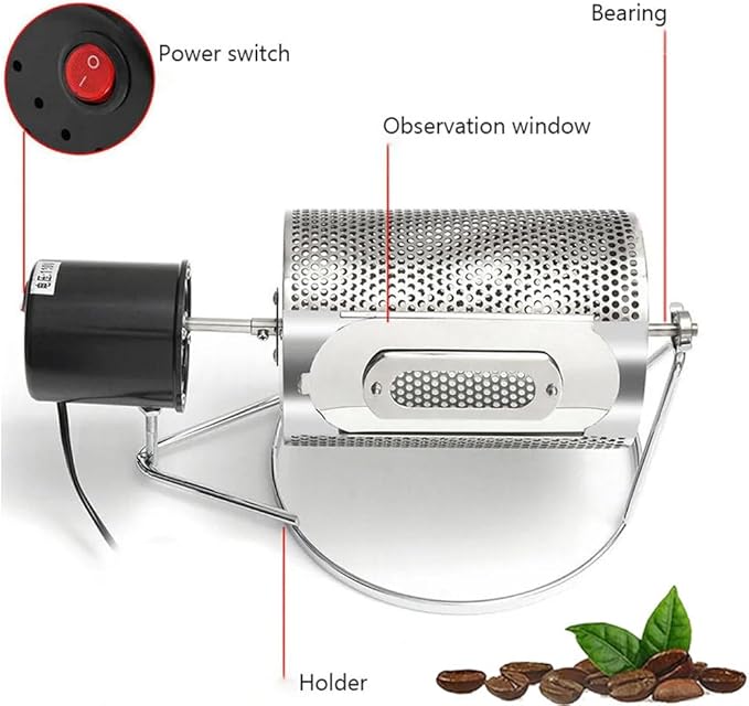 Coffee Roaster Machine for Home Use, Stainless Steel Roasting Machine with Visible Window and Stainless Steel Tray, Speed 30 Rum/Min, 250g Capacity for Grains Baking Nuts Beans