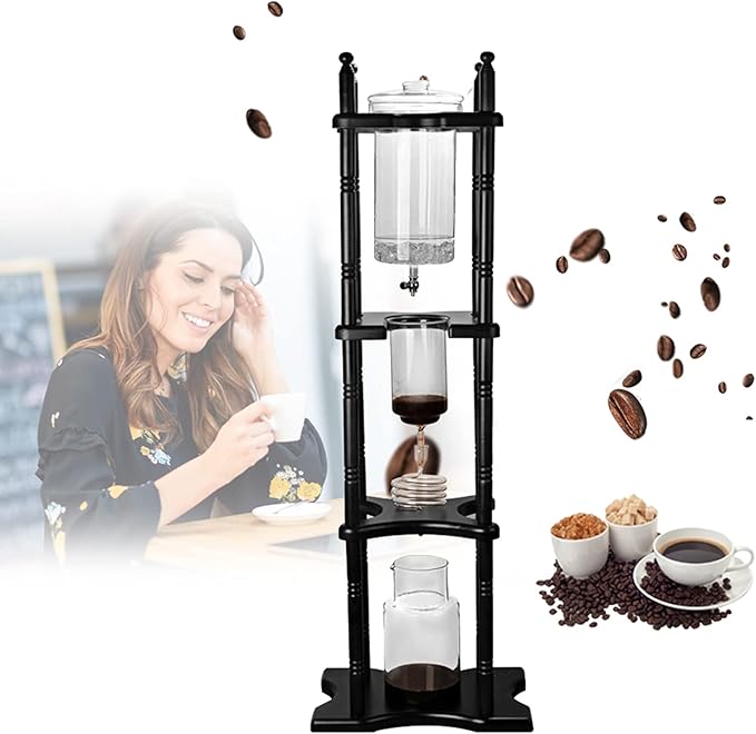 PSUFURV Cold Brew Coffee Maker, Ice Drip Coffee Maker for Coffees Shop in Wood and Hand-Blown Ice Tea Makers Slow Drip Coffees Makers with Slow Drip Technology