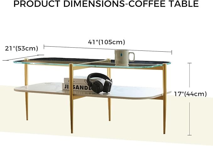 Shrine Oval Coffee Table, Mid-Century Modern Design, 2-Tier Structure, Clear Glass Top and White MDF Shelf, 41" D x 21" W x 17" H, Sleek Conical Metal Legs with Gold Finish