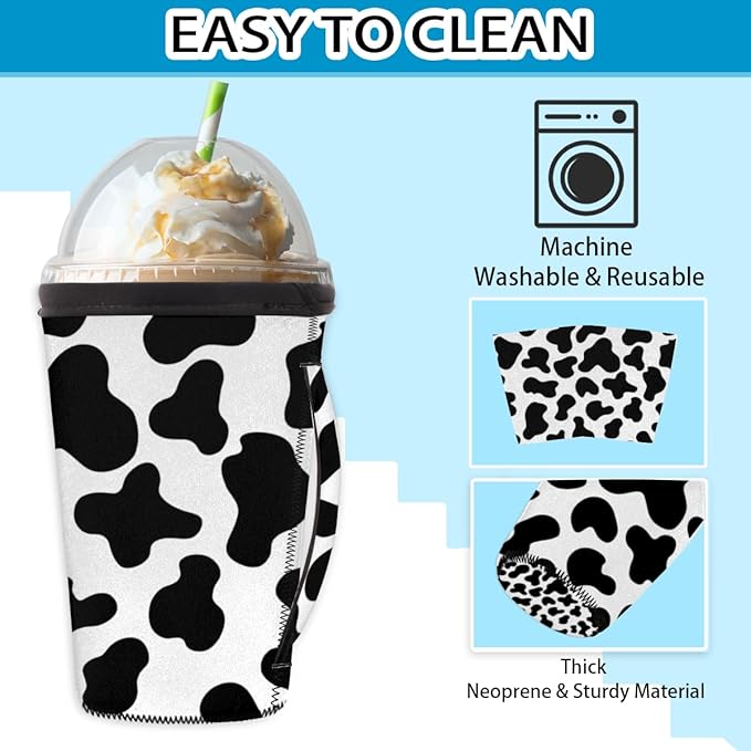 Cow Print Reusable Insulator Coffee Sleeves for Drinks Beverages, Neoprene Holder with Handle for Most Coffee or Ice Drink, 30-32oz