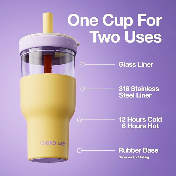 CHAKO LAB Insulated Stainless Steel Water Bottle | Dual-layer tumbler with Glass Linner and Stainsteel Linner | BPA-Free Leak Proof Thermos | 20oz Bottle with Two Straw | Yellow & Purple
