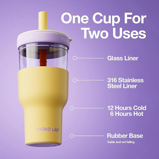 CHAKO LAB Insulated Stainless Steel Water Bottle | Dual-layer tumbler with Glass Linner and Stainsteel Linner | BPA-Free Leak Proof Thermos | 20oz Bottle with Two Straw | Yellow & Purple