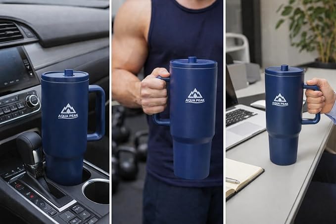 40 oz Insulated Stainless Steel Tumbler with Handle & Lid, Vacuum Travel Mug for Hot & Cold Drinks, Fits Car Cup Holder – Blue