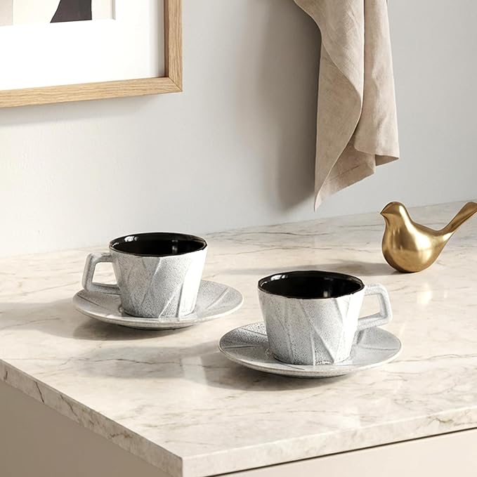 MyBudsBuzz Ceramic Espresso Cups with Saucers 6 oz,Coffe Cups for Cappuccino,Latte,Tea with Saucers Set of 2 - Geometry - Gray