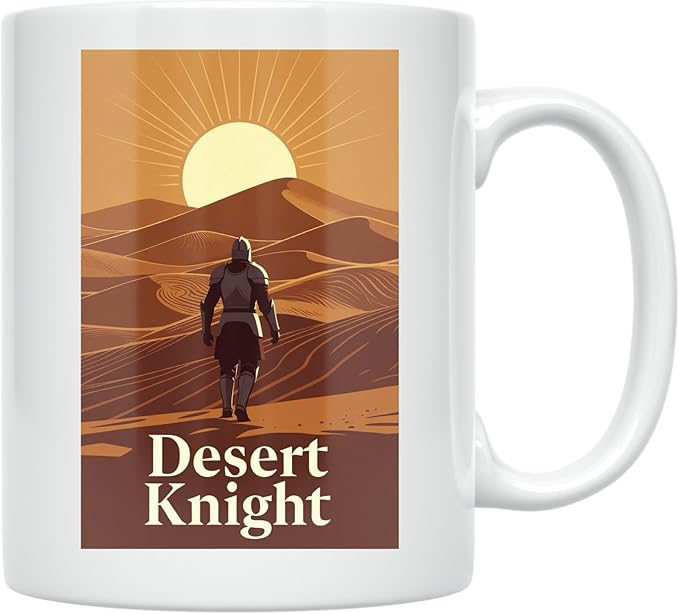 Desert Knight Adventure - Fantasy Lover - 11 oz White Ceramic Coffee Mug - Minimalist Aesthetic