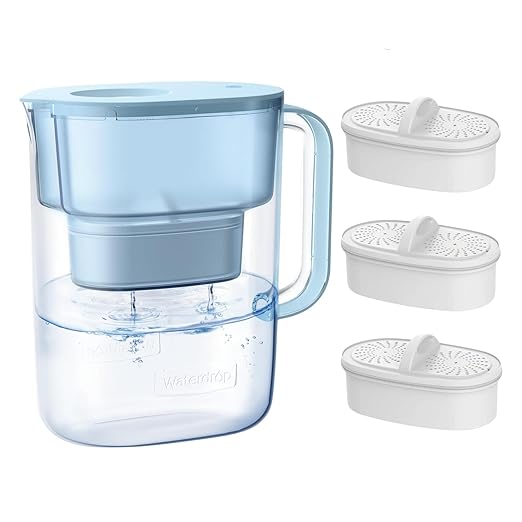 Waterdrop Water Filter Pitcher with 3 Filters, 200-Gallon Long-Life, 10-Cup Large Water Filter Pitcher, Improved Coffee & Tea Taste, NSF Certified, 5X Times Lifetime, Reduces PFOA/PFOS, Chlorine, Blue
