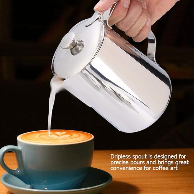Frothing Pitcher, less Steel Pitcher with Lid, Coffee Steaming Pitcher Milk Frothing Cup Milk Pitcher Jug for Espresso Machine Milk Frother Latte Coffee Art (1500mL)