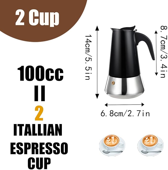 DITOSH 2 Cup Stovetop Espresso Maker Stainless Steel Moka Pot Stove Top Percolator Italian Coffee Makers Capable Mocha Greca Machine Cafe Classic Induction Cookers for Home and Camping 100ml 3.3oz