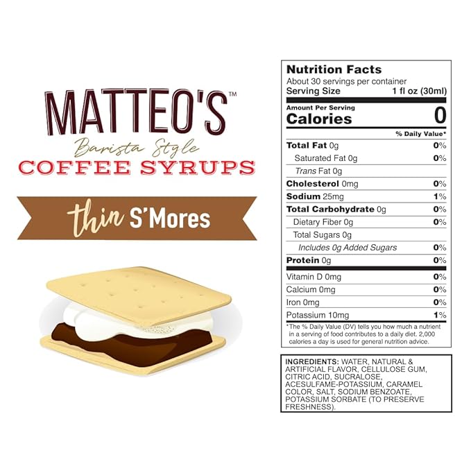 Matteo's S'mores Syrup for Coffee, Lattes, Cappuccinos & Desserts – Sugar-Free Sweetener for Beverages, Keto Friendly, Zero Calories, Indulgent Flavor, Non-Alcoholic, Ideal for Hot Drinks 33.8oz (6pk)