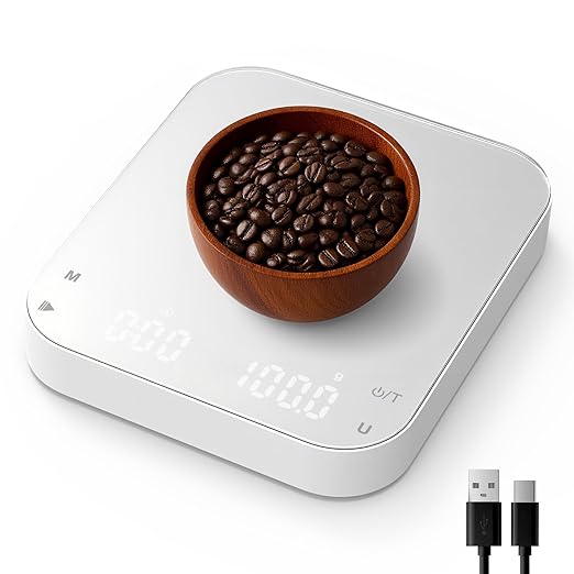 5.9" Rechargeable Coffee Scale with Timer, Diyife Portable Digital Coffee Scale, 3kg/0.1g Accurate Scale for Espresso and Pour-Over Coffee, Dual Timekeeping Modes, 6 Units, LCD Display, White