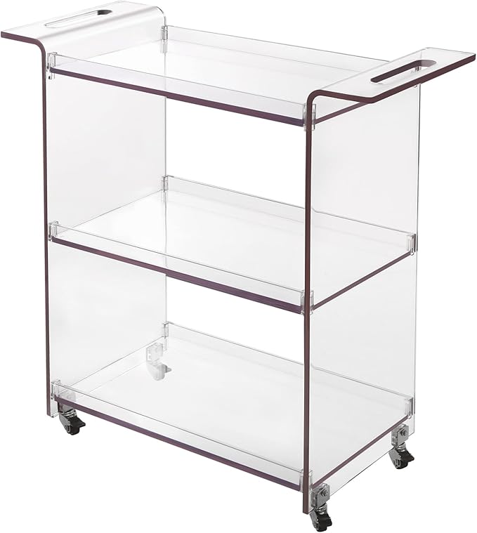 Rolling Serving Cart 3-Tier Small Bar Cart with Lockable Casters Storage Rolling Trolley 66lbs Capacity Mobile Kitchen Trolley for Home, Kitchen, Cafe (28 * 11.8 * 28.7in, Clear)