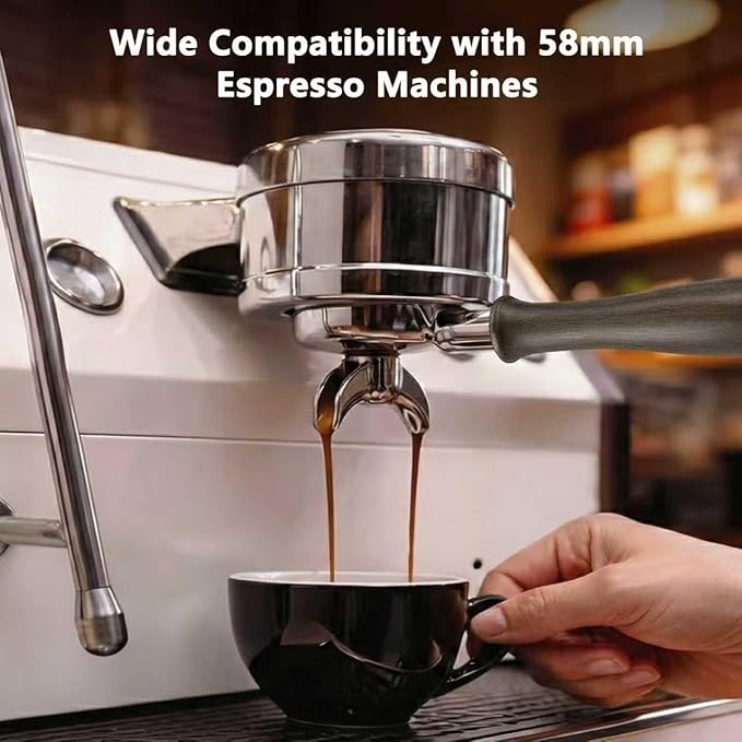Espresso Accessories, 58mm Bottomless Portafilter with Detachable Double Spout, Dual-Layer Micro-Sift Basket (718 Holes), Walnut Wood Handle, Fits E61 Group Head Espresso Machines