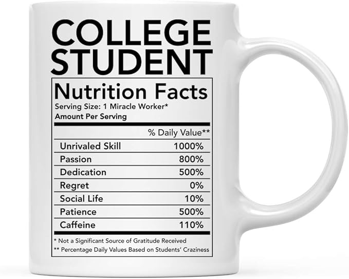Andaz Press Funny 11oz. Ceramic Coffee Tea Mug Thank You Gift, Student Nutritional Facts, 1-Pack Mug Coffee Mugs Christmas Ideas For College Students Birthday
