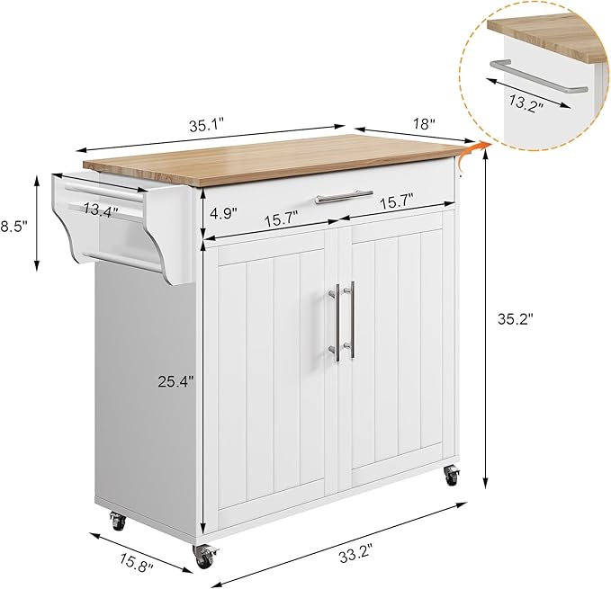 Kitchen Island with Storage, Wooden Rolling Kitchen Island On Wheels with Wood Top, Mobile Kitchen Bar Cart Cabinet with Towel Rack, Spice Rack and Drawers, White