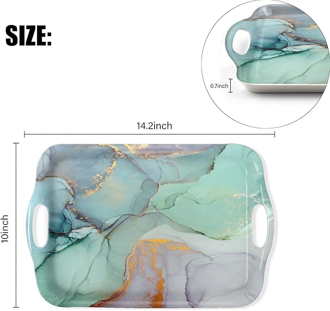 Serving Tray Decorative Tray with Handles Multi-Purpose Rectangular Serving Trays for Restaurant, Parties, Coffee Table, Kitchen - Teal Marble Pattern