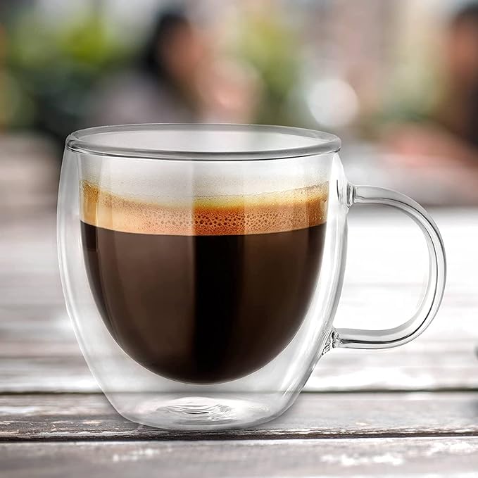 8 oz Double Walled Glass Coffee Mugs, Clear Glass Mug Set of 4, Insulated Borosilicate Glass Coffee Cups with Handle, Espresso Mugs for Cappuccino, Latte, Tea, Hot/Cold Drink
