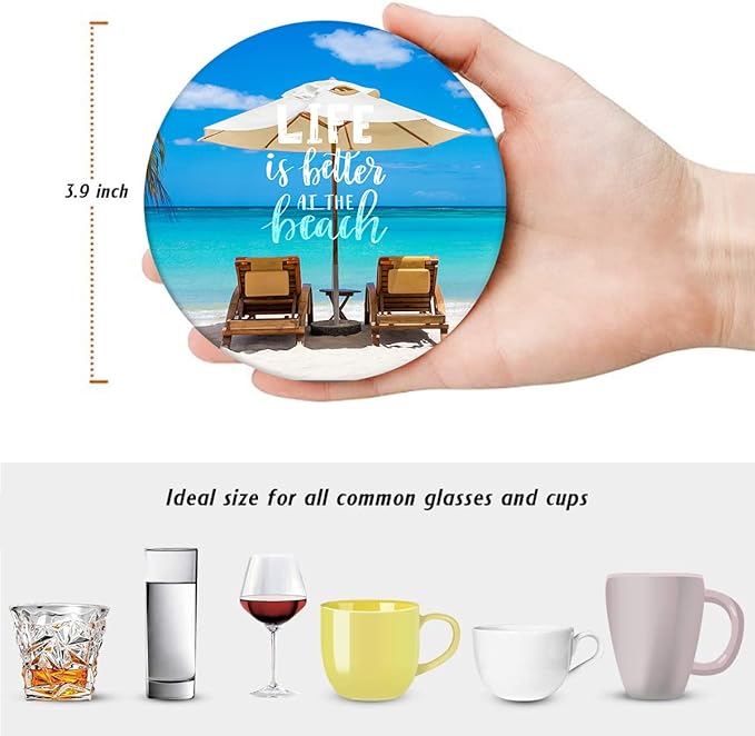 Britimes Coaster for Drinks Set of 6, Tropical Beach Landscape Caribbean Absorbent Round Ceramic Stone Mat, with Cork Base and Metal Holder, Gift for Housewarming Room Bar Decor