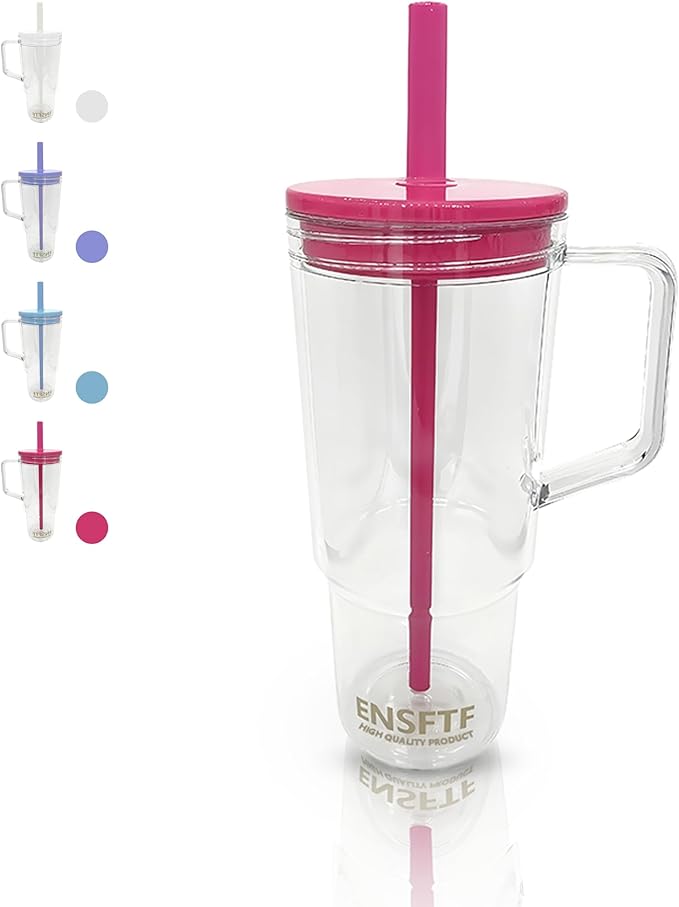 40oz Insulated Clear Tumbler with Handle and Lid & Straw, Reusable Travel Mug for Cold and Hot Drinks, Double-Wall Plastic Water Bottle | Crystal-Clear | Car Cup Holder Fit | Leakproof | BPA-Free
