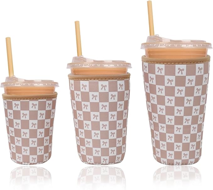 Reusable Insulated Neoprene Iced Coffee Cup Sleeve, Durable Drink Sleeve for Cold Beverages, Beverage Holder for Iced Coffee, Caramel Checkered Bows
