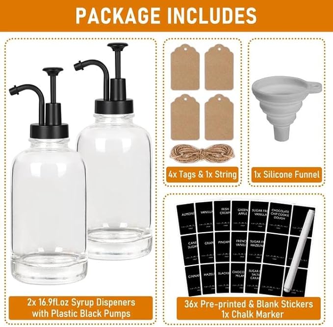 Coffee Syrup Dispenser 16.9 Oz 2 Pack, 500ml Glass Bottle with Black Plastic Pump for Coffee Bar, Includes 36 Stickers & Marker - Reusable Syrup Bottles