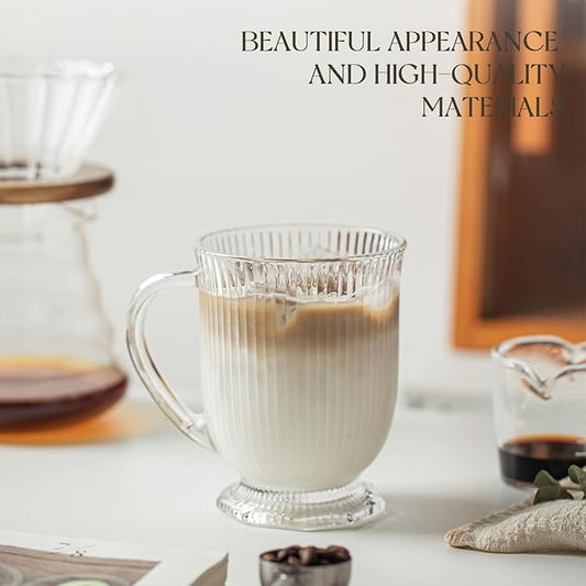 Glass Coffee Mugs Set of 8, Ribbed Large Coffee Mug 16 Oz With Handles for Hot Beverages, Clear Mugs for Tea, Cappuccino, Latte, Espresso Coffee, Glass Coffee Cups Large Coffee Mug, for Hot Beverages