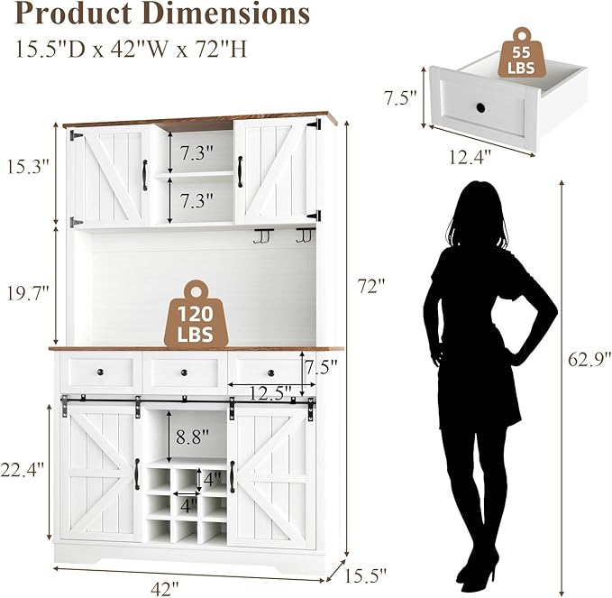 72" Farmhosue Coffee Bar Cabinet with Storage Shelves and 3 Drawers, Kitchen Hutch Storage Cabinet with Sliding Barn Door & Wine Racks & Wine Glass Holder, Bar Cabinets for Home/Living Room, White