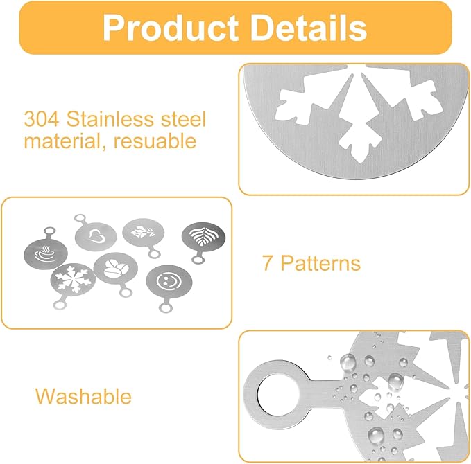 7PCS Coffee Stencils Latte Art, Stainless Steel Reusable Metal Coffee Stencils with Various Patterns for Cappuccino Cake Cookie Decorating Home and Cafe Use (Silver)