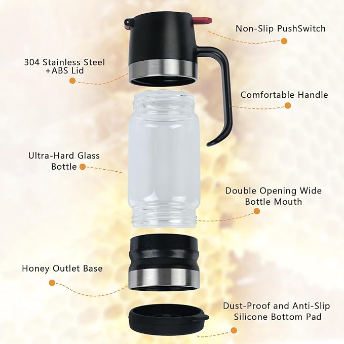 Ecopandy Honey Dispenser No Drip with Stand, 12 OZ Glass Honey Jar, Syrup Dispenser, Easy One Hand Use Honey Pot for Coffee or Tea, Mess Free Honey Dispenser for Syrup, Honey Container (2PCS Black)