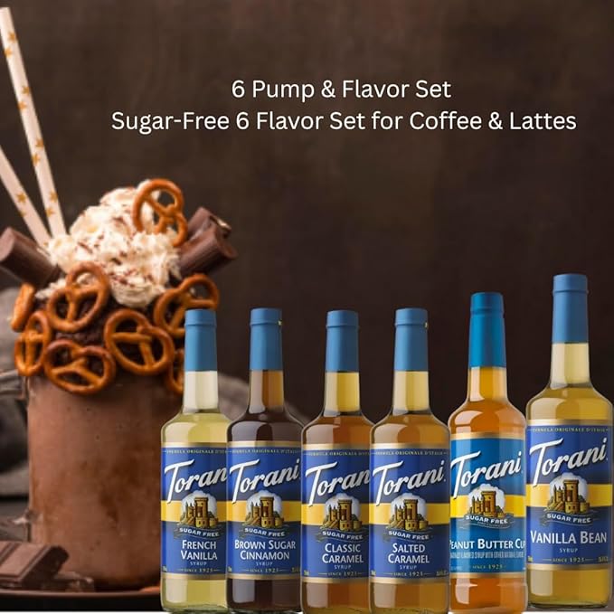 Jimoco Syrup Pump & Torani Syrup Bundle - Sugar Free Salted Caramel, French Vanilla, Brown Sugar Cinnamon, Vanilla Bean, Caramel Classic, Peanut Butter Cup - For Italian Soda Coffee, Lattes, Frappes With 6 Pump Dispensers
