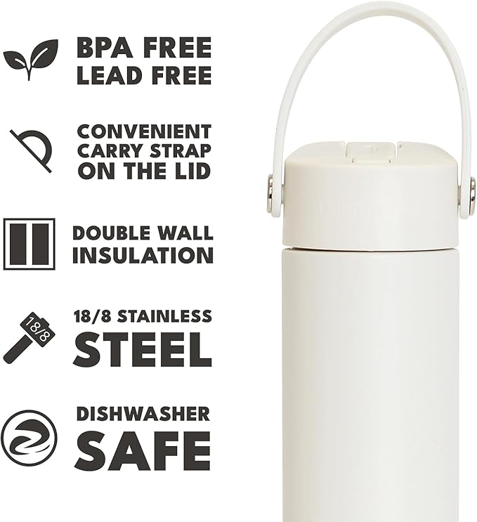 Elemental 24oz Insulated Water Bottle with Straw - 100% Leak-Proof Stainless Steel Core Water Bottles for Travel, Sports and Gym - Double Wall Insulation & BPA Free - White