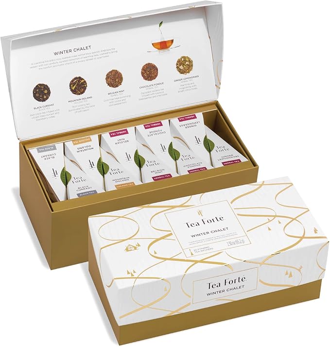 Tea Forte Winter Chalet Premium Presentation Box Gift Set Sampler, 20 Count, 4 of Each Blend Individually Wrapped Handcrafted Pyramid Infuser Bags