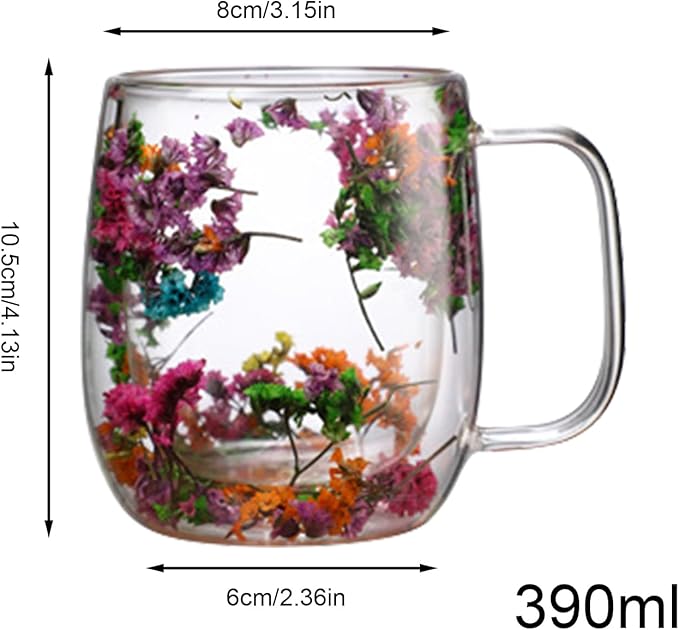 Dried Flowers Insulated Glass Double Wall Coffee Mug With Handle 250ml/390ml Transparent Double Glases Flower Tea Cup Latte Coffee Cup Borosilicate Glass Tea Mug