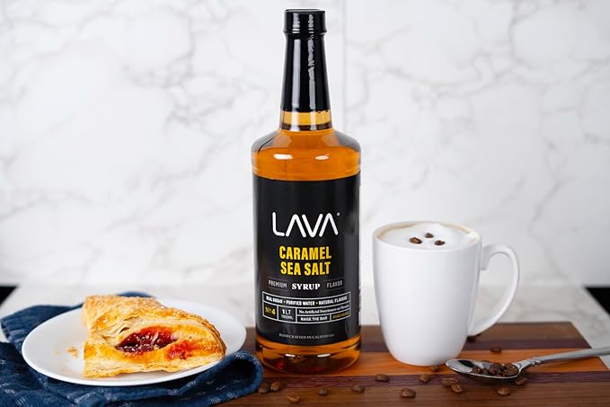 LAVA Premium Salted Caramel Syrup, Sea Salt Caramel Coffee Sweetener, 33.8oz (1-Liter), Made with 100% Sugar, No Artificial Sweeteners, Flavors, or Colors. (1-Pack)