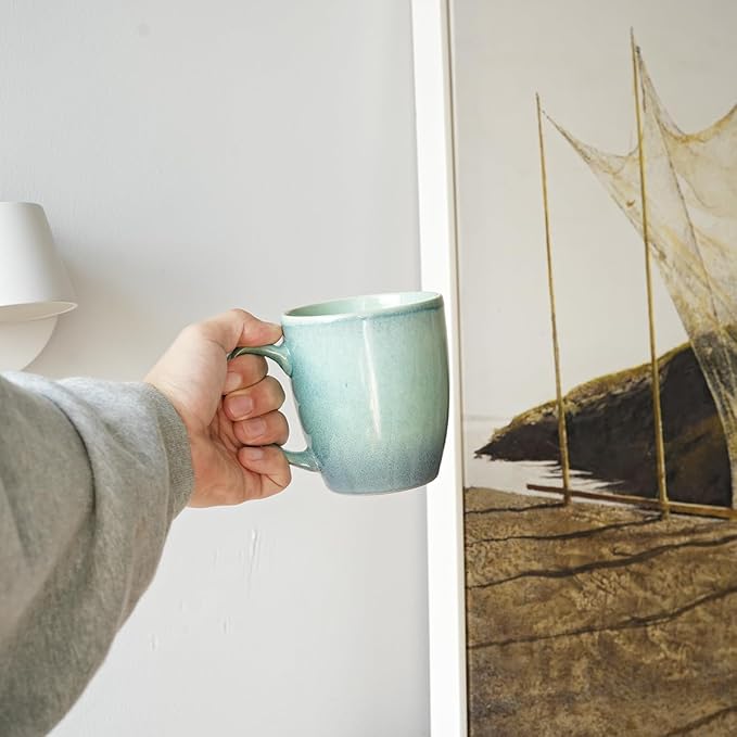 Bosmarlin Ceramic Coffee Mug Set of 4, 17 Oz, Coffee Cups with Big Handle, Microwave Safe, Unique Reactive Glaze (Pale Green, 17 Oz)