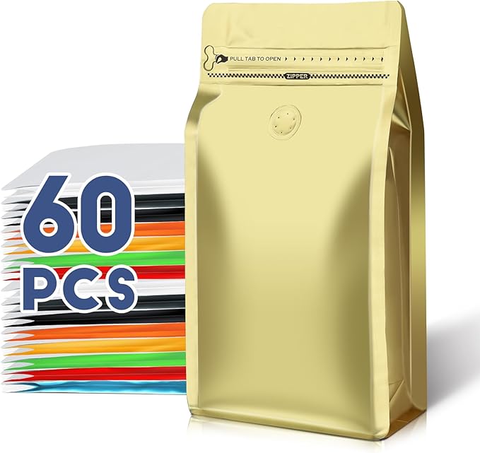 Coffee Bags with Valve(60pcs,4 oz,0.25 lb) Vented Coffee Beans Packaging Bags High Barrier Aluminumed Foil Flat Bottom Heat Sealed Side Zipper Resealable Storage Bag for Home or Business（Gold）