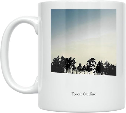 Nature Lover Coffee Mug - Minimalist Forest Outline Silhouette - 11 oz White Ceramic - Elegant Design