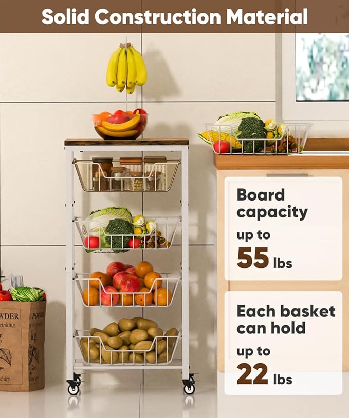 Fruit Vegetable Storage Cart for Kitchen, 5-Tier Vegetable Stand Rack with Pull-Out Fruit Baskets, Rolling Snack Cart with Wood Top & Banana Holder for Pantry, Living Room, Bathroom, White
