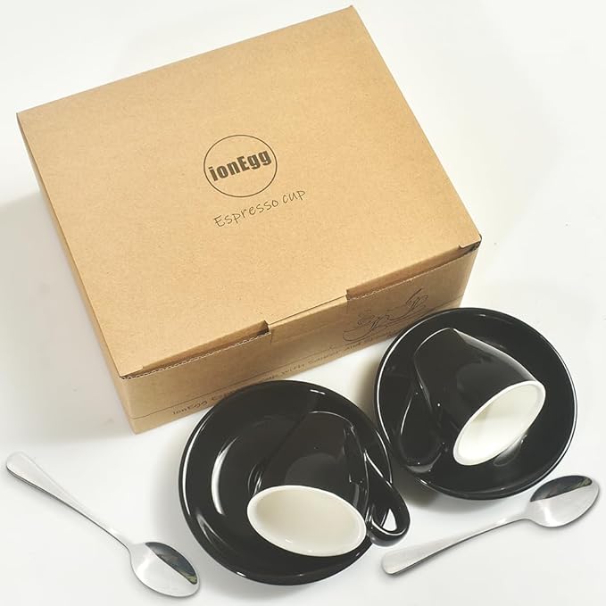 ionEgg Porcelain Espresso Cup with Saucer And Stainless Steel mini Spoons, Espresso shot Cup, 80ml/2.7Oz, Pack of 2, Black