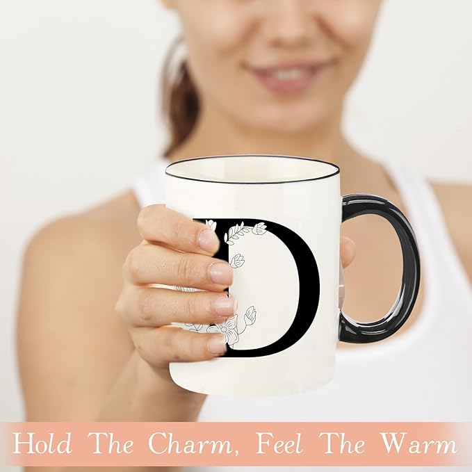 Monogram Ceramic Coffee Mugs, 11 oz Initial Drinking Cup with Gift Box, Unique Birthday Christmas Gifts for Women Wife Mothers Day Grandma Mom Aunt, D