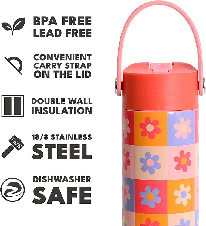 Elemental 24oz Insulated Water Bottle with Straw - 100% Leak-Proof Stainless Steel Core Water Bottles for Travel, Sports and Gym - Double Wall Insulation & BPA Free - Checkered Flower