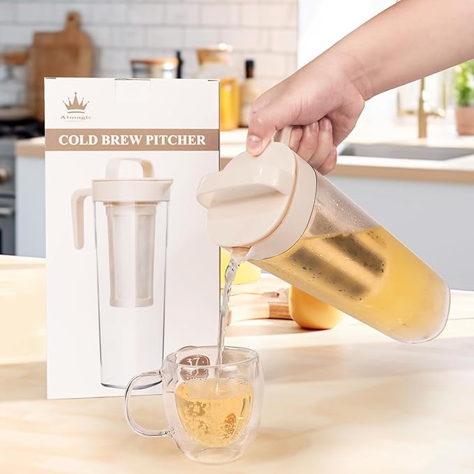 Cold Brew Tea Pitcher, Cold Brew Coffee Maker – 37 Fl Oz BPA-Free PP Pitcher with Durable Mesh Filter, Leak-Proof Cap, Comfortable Handle – Perfect for Fridge Side Door Storage & Ice Drinks