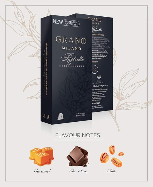 Grano Milano Ristretto Coffee Capsules - 50 Aluminum Coffee Pods Compatible with Nespresso Original line, Dark Roast - Intensity 10/12, Made in Italy