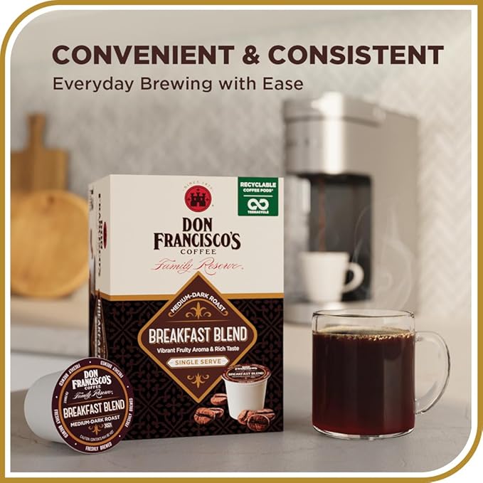 Don Francisco's Breakfast Blend Coffee Pods, 12 Count, Medium-Dark Roast, Compatible with Keurig Brewers